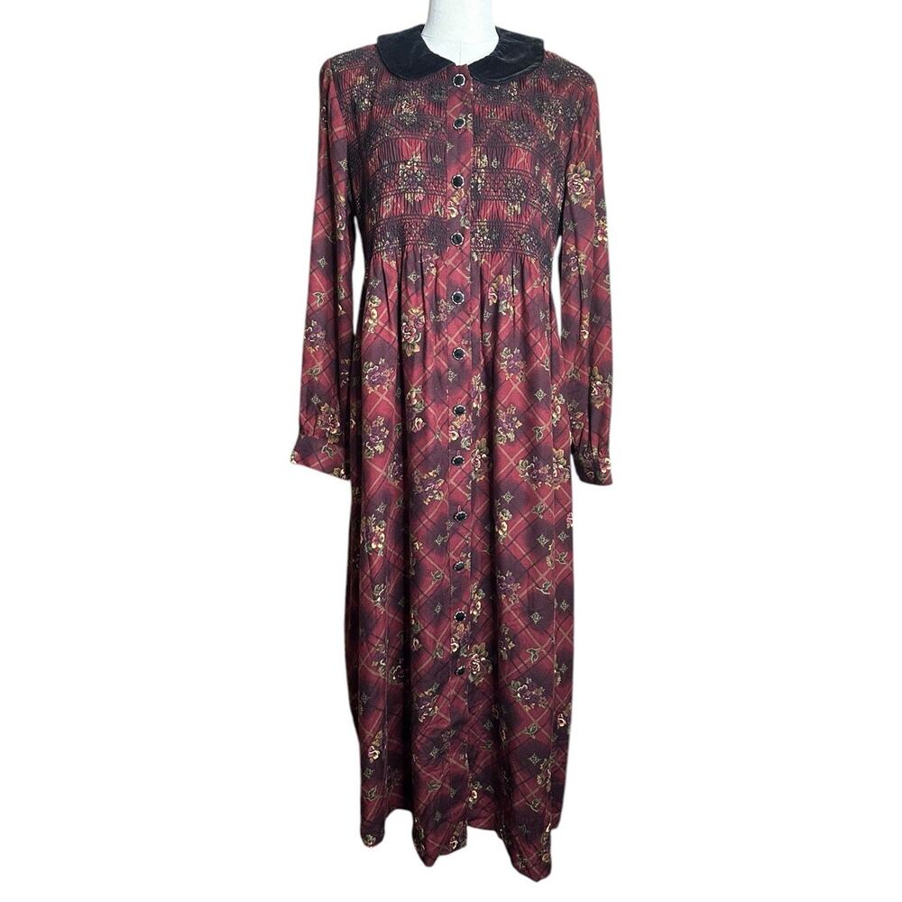 Vtg Molly Malloy Petite Burgundy Floral Plaid Dress Black Velvet‎ Collar Maxi 12